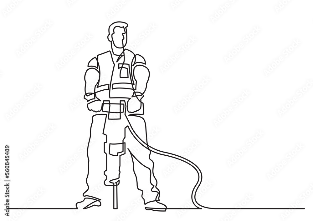 Poster continuous line drawing construction worker with jackhammer - png image with transparent background