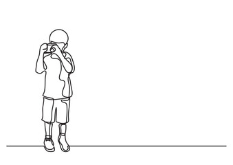 continuous line drawing boy making photos with camera - PNG image with transparent background