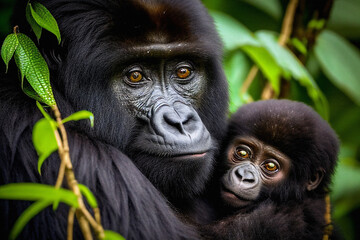 Mother & Baby Mountain Gorillas (Endangered) - Generative Ai