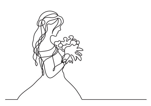 continuous line drawing bride holding bouquet - PNG image with transparent background
