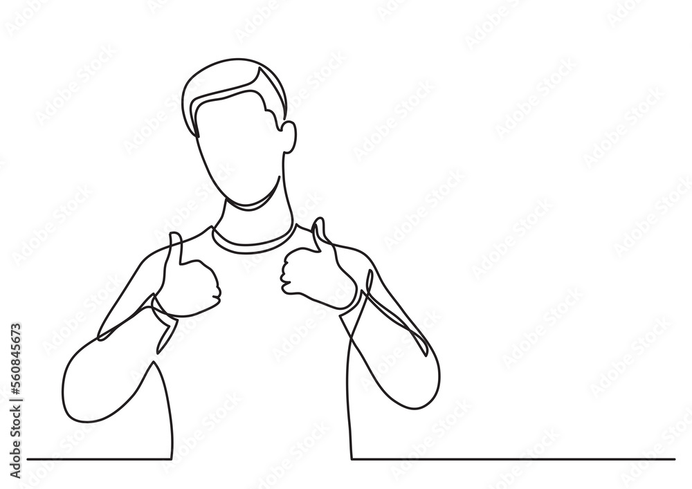 Poster continuous line drawing happy young man showing thumb up - png image with transparent background