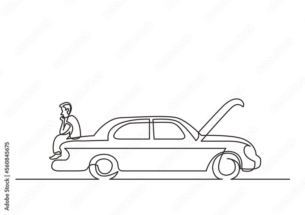 Poster continuous line drawing lonely driver sits on broken car - png image with transparent background