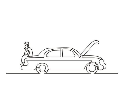 continuous line drawing lonely driver sits on broken car - PNG image with transparent background