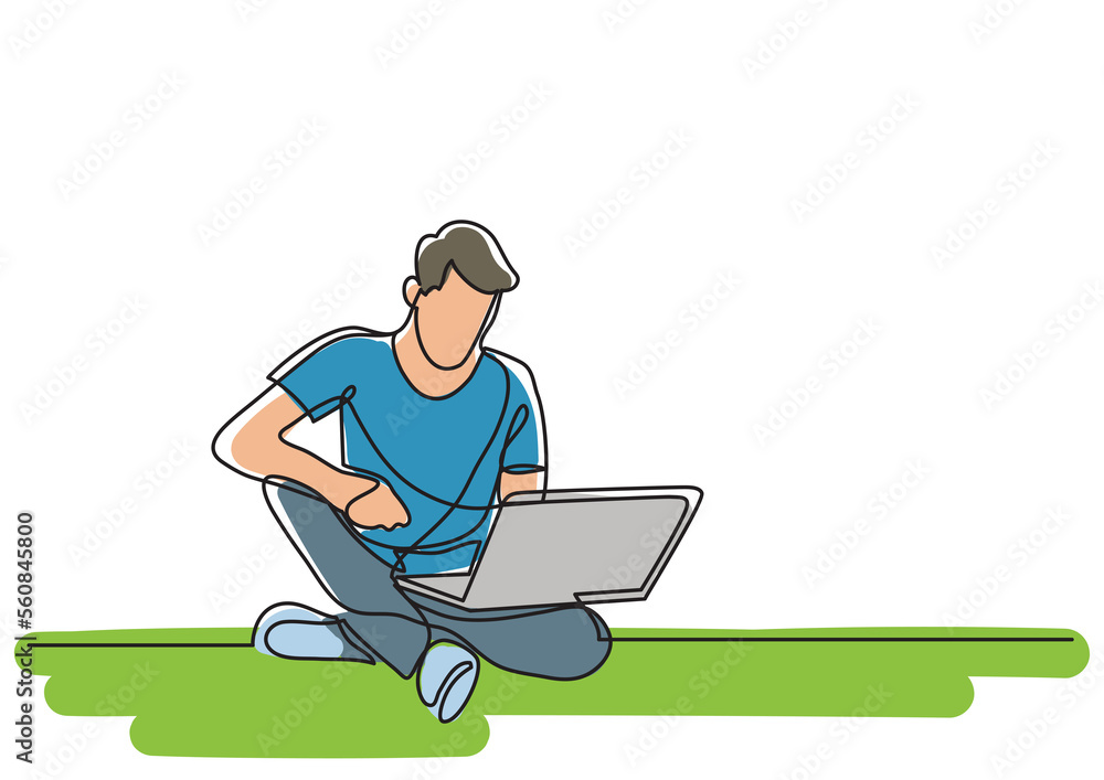 Wall mural continuous line drawing man sitting with laptop colored - PNG image with transparent background