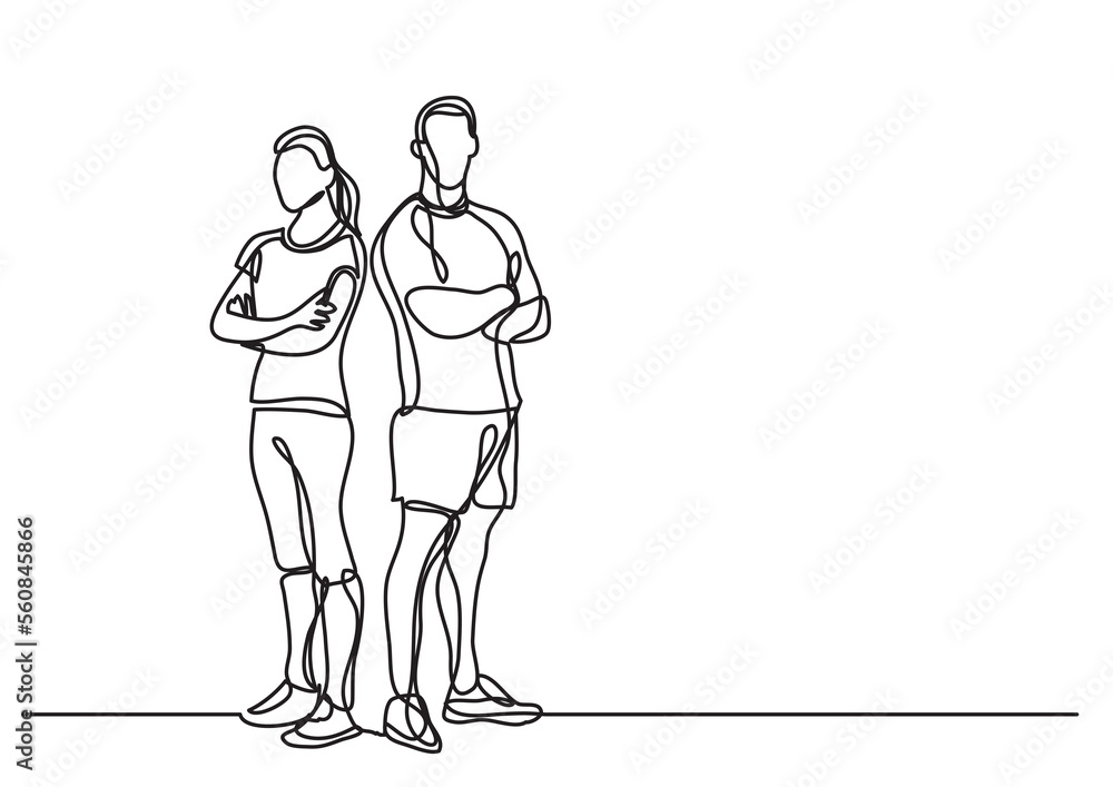 Poster continuous line drawing man woman fitess instructors standing - png image with transparent backgroun