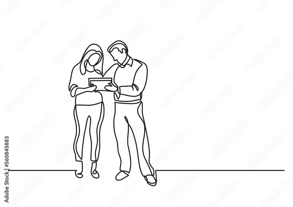 Poster continuous line drawing man woman standing discussing work - png image with transparent background