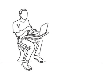 continuous line drawing man sitting working on computer - PNG image with transparent background
