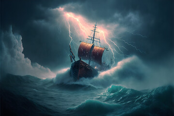 A medieval ship battles a fierce storm at sea, with waves crashing and lightning striking amidst dark clouds.