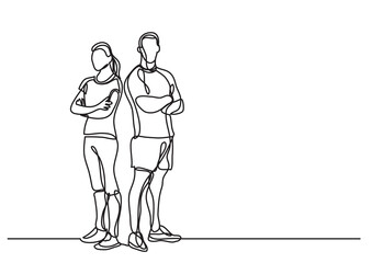 continuous line drawing man woman fitess instructors standing - PNG image with transparent background
