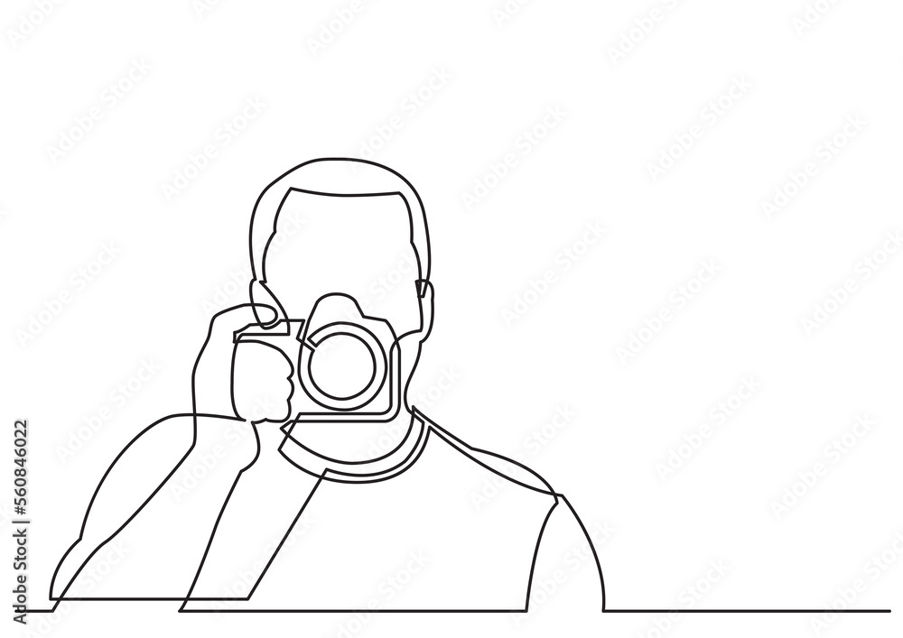 Poster continuous line drawing photographer holding camera - png image with transparent background