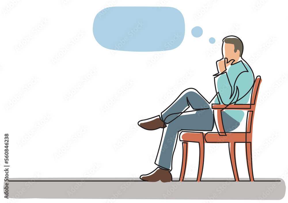 Poster continuous line drawing sitting thinking speech bubble colored - png image with transparent backgrou