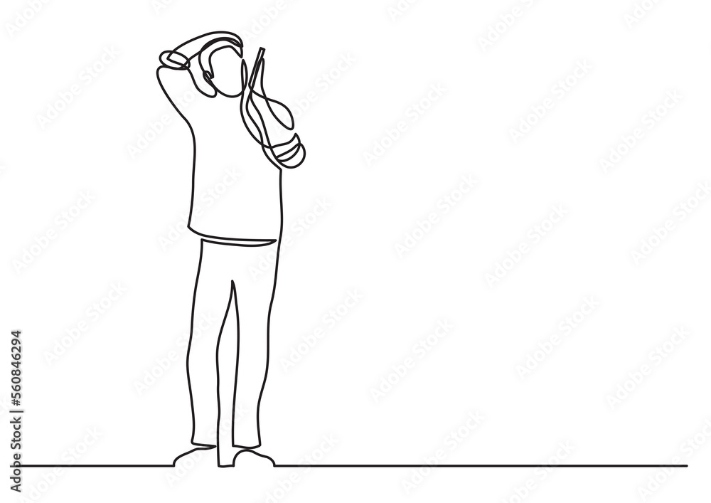 Poster continuous line drawing standing frustrated man talking on phone - png image with transparent backgr