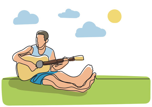 recommend clip art: continuous line drawing sitting playing guitar colored - PNG image with transparent background