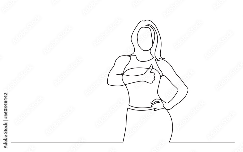 Poster continuous line drawing standing woman showing thumb up - png image with transparent background
