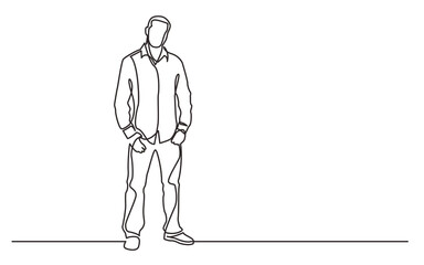 continuous line drawing standing young guy in shirt jeans - PNG image with transparent background