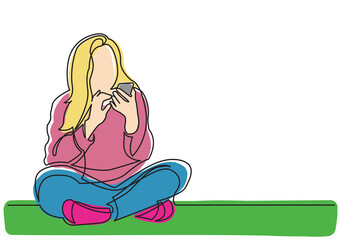 continuous line drawing teenage girl sitting with mobile phone colored - PNG image with transparent background