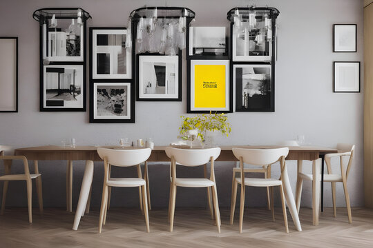 yellow modern dining room interior minimalist style photo with wood frames and paintings, generative ai