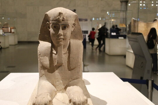 Sandstone statue of the Sphinx on display in the National Museum of Egyptian Civilization in Cairo, Egypt.
Pictured is a sandstone statue of the Sphinx on display in the National Museum of Egyptian Ci