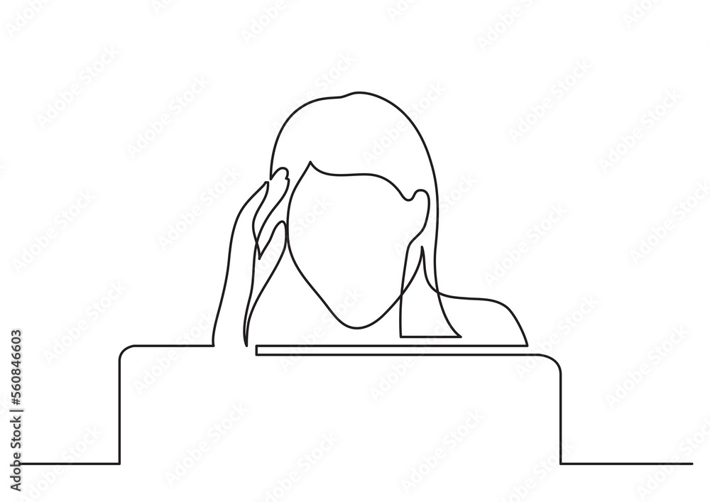 Poster continuous line drawing woman behind computer screen - png image with transparent background