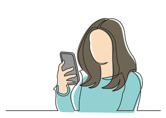 continuous line drawing woman reading mobile phone colored - PNG image with transparent background
