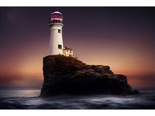 Dramatic lighthouse lit up on rocks, cliffs, lighthouse architecture, moody scene