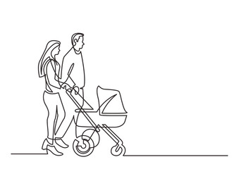 continuous line drawing young family walking with baby stroller - PNG image with transparent background
