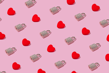Hearts and padlock pattern background . Love, romance, wallpaper, postcard, St.Valentines minimal concept