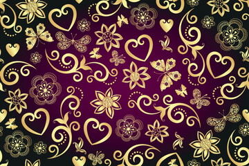 Vector seamless dark purple floral valentine pattern with gold lace vintage curls and flowers and butterflies