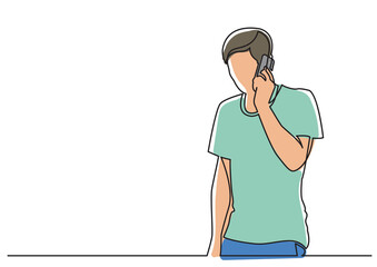 continuous line drawing young man talking on phone colored - PNG image with transparent background