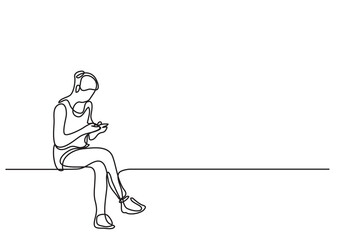 continuous line drawing young woman sitting and reading her cell phone - PNG image with transparent background