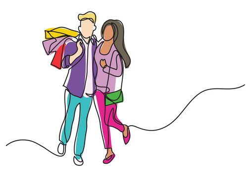 continuous line drawing young fashionable couple with shopping bags colored - PNG image with transparent background