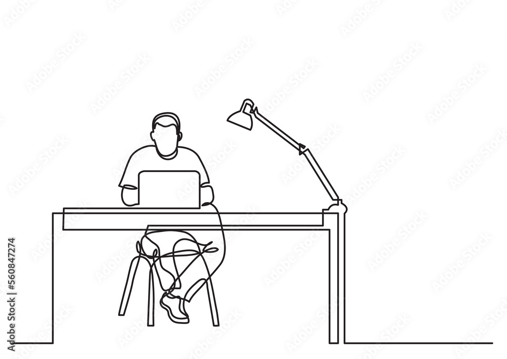 Poster one line drawing man working desk with laptop - png image with transparent background