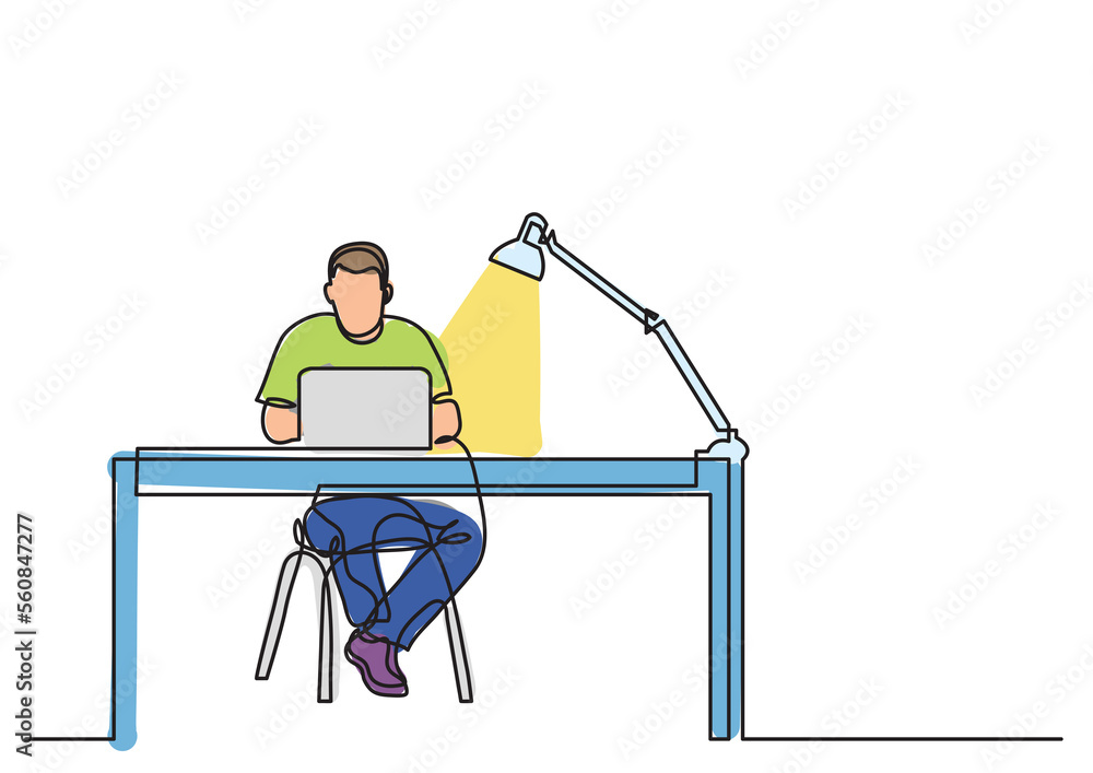 Poster one line drawing man working desk with laptop colored colored - png image with transparent backgroun