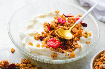 Fototapeta na wymiar Granola with Yogurt in a Boal, Healthy Breakfast, Muesli with Dried Berries on Bright Concrete Background