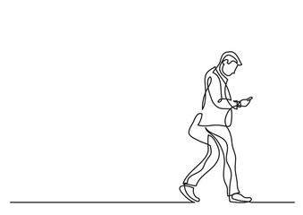 one line drawing man walking with phone - PNG image with transparent background