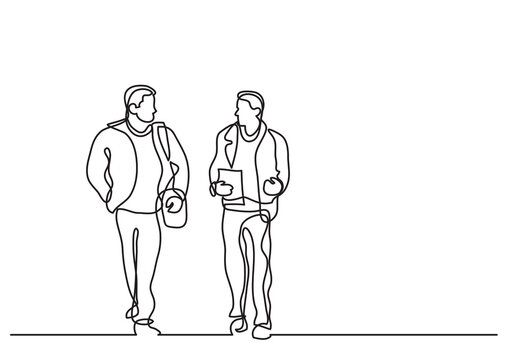 one line drawing two men walking talking - PNG image with transparent background