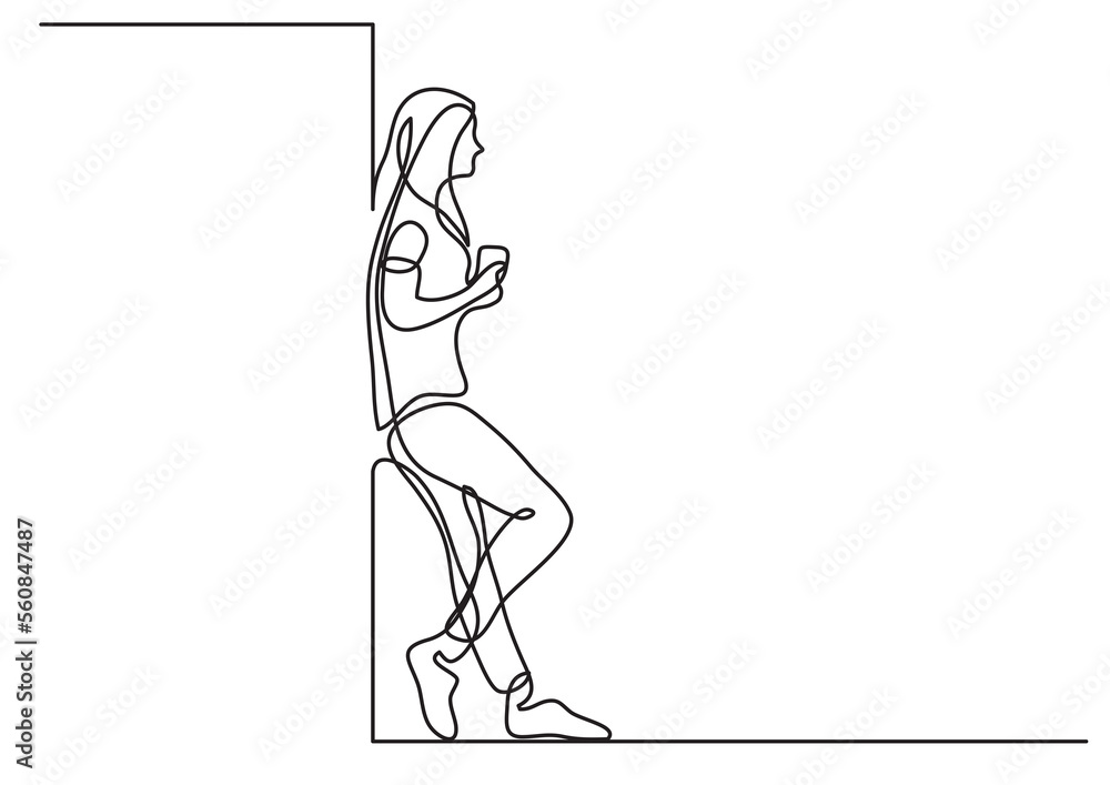 Wall mural single line drawing young woman standing thinking - PNG image with transparent background