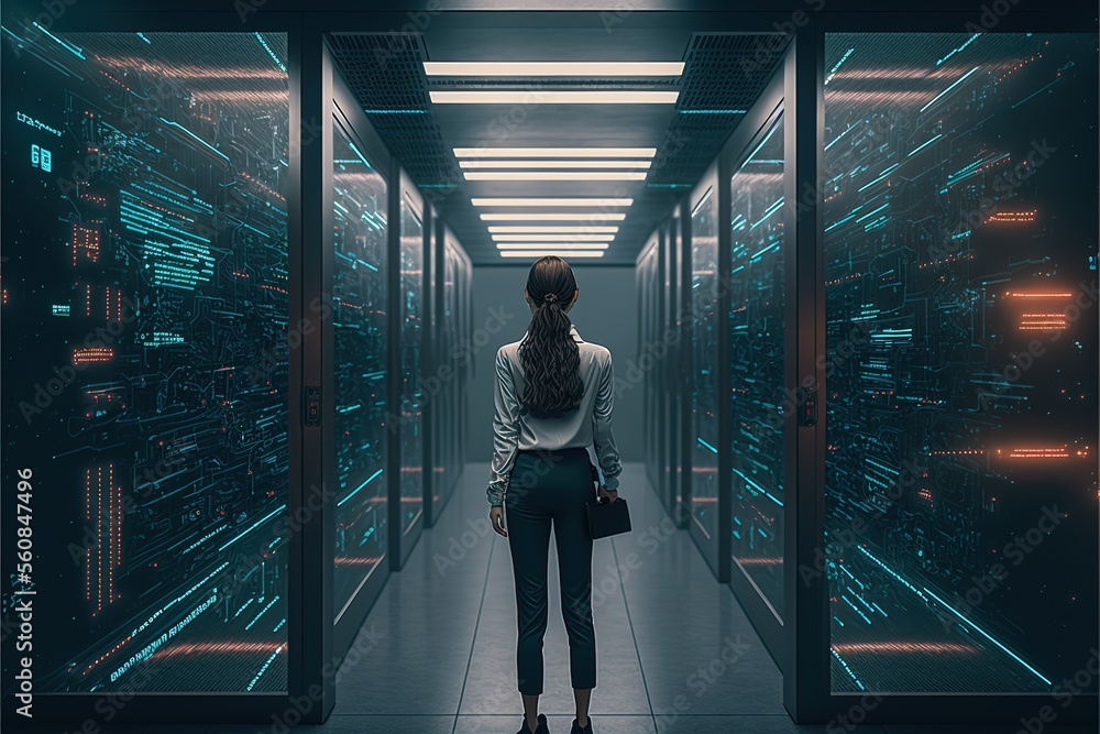 Aufkleber the girl standing in the data warehouse. data processing center. ai