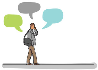 single line drawing man walking talking on cell phone colored colored - PNG image with transparent background