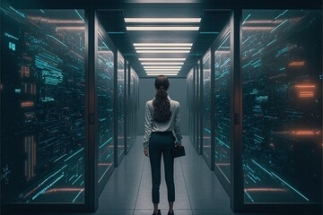 The girl standing in the data warehouse. Data processing center. AI - obrazy, fototapety, plakaty