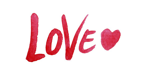 red watercolor love word with heart on white background 