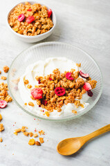 Granola with Yogurt in a Boal, Healthy Breakfast, Muesli with Dried Berries on Bright Concrete Background