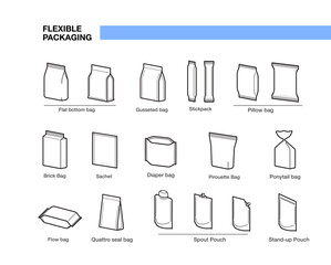 Set of types of flexible packaging. Infographics icons. Vector illustration isolated on white background, ready and simple to use for your design. EPS10.	