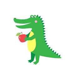 A cheerful alligator is holding an apple.