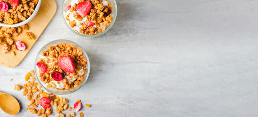 Granola and Yogurt Parfaits, Healthy Breakfast or Snack, Muesli with Dried Berries on Bright Concrete Background