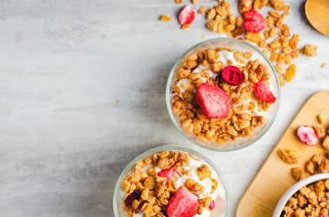 Granola and Yogurt Parfaits, Healthy Breakfast or Snack, Muesli with Dried Berries on Bright Concrete Background