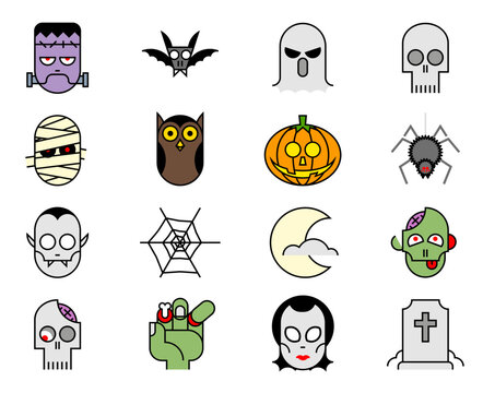 Funny monsters commonly seen during Halloween, Cartoon set of vector illustrations, Spooky character. Smileys halloween emoji vector set. Smiley emojis horror character, mascot collection isolated in 