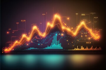 Economic charts with light effects. Abstract neon background, growth and fall analytics. AI
