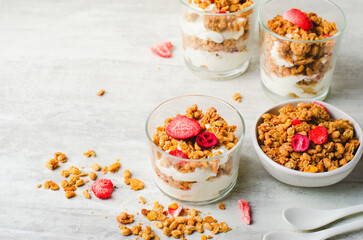 Granola and Yogurt Parfaits, Healthy Breakfast or Snack, Muesli with Dried Berries on Bright Concrete Background