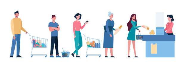 Vector illustration of several people standing in line for shopping in a supermarket, buy products. Men and women stand in front of the cash register with carts and baskets. Flat style.